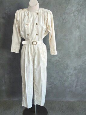 Fauroche by Lori Weidner Vintage 80s Cream Military Jumpsuit Gold Buttons Size 5